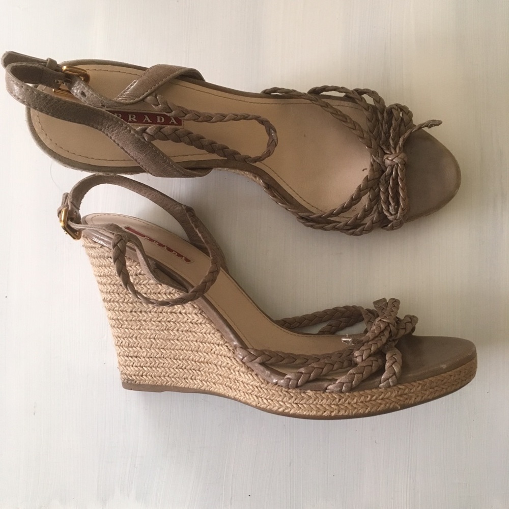 Prada braided leather silver-brown wedges size 40